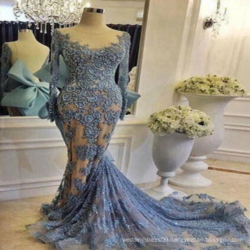 Turkish Blue Luxury Sexy Revealing Embroidery Fishtail Evening Dress with A Big Bow